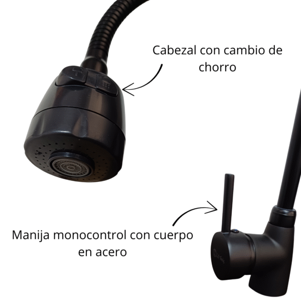 Grifería Lavaplatos Negra Monocontrol Flexible